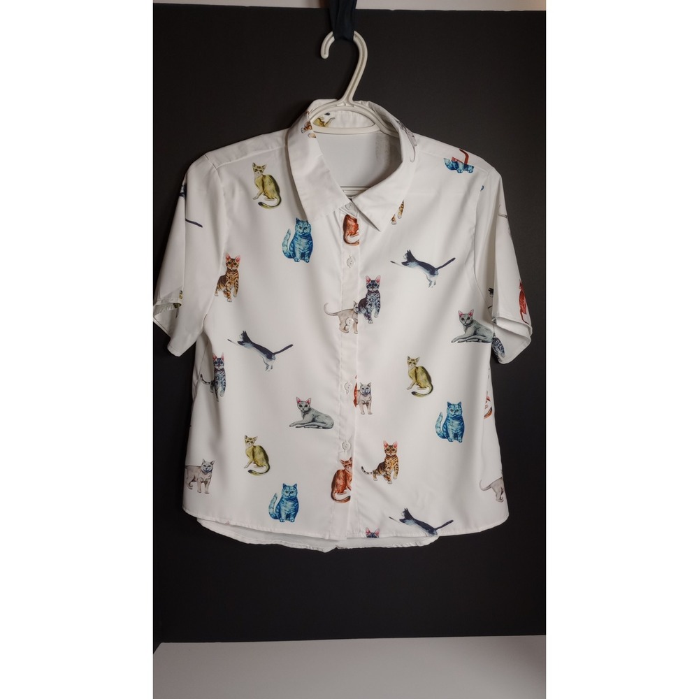 Shein Women Cat Print Button-up Blouse Sz 4 Cotton Blend Catlover Artsy Vibrant